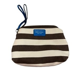 Henri Bendel Signature Stripe Brown White Cosmetic Bag With Blue Strap